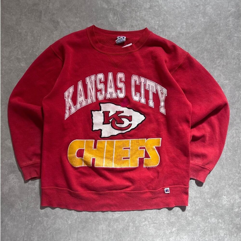 90s Vintage Kansas City Chiefs Russell Repaired Red Crewneck -XL